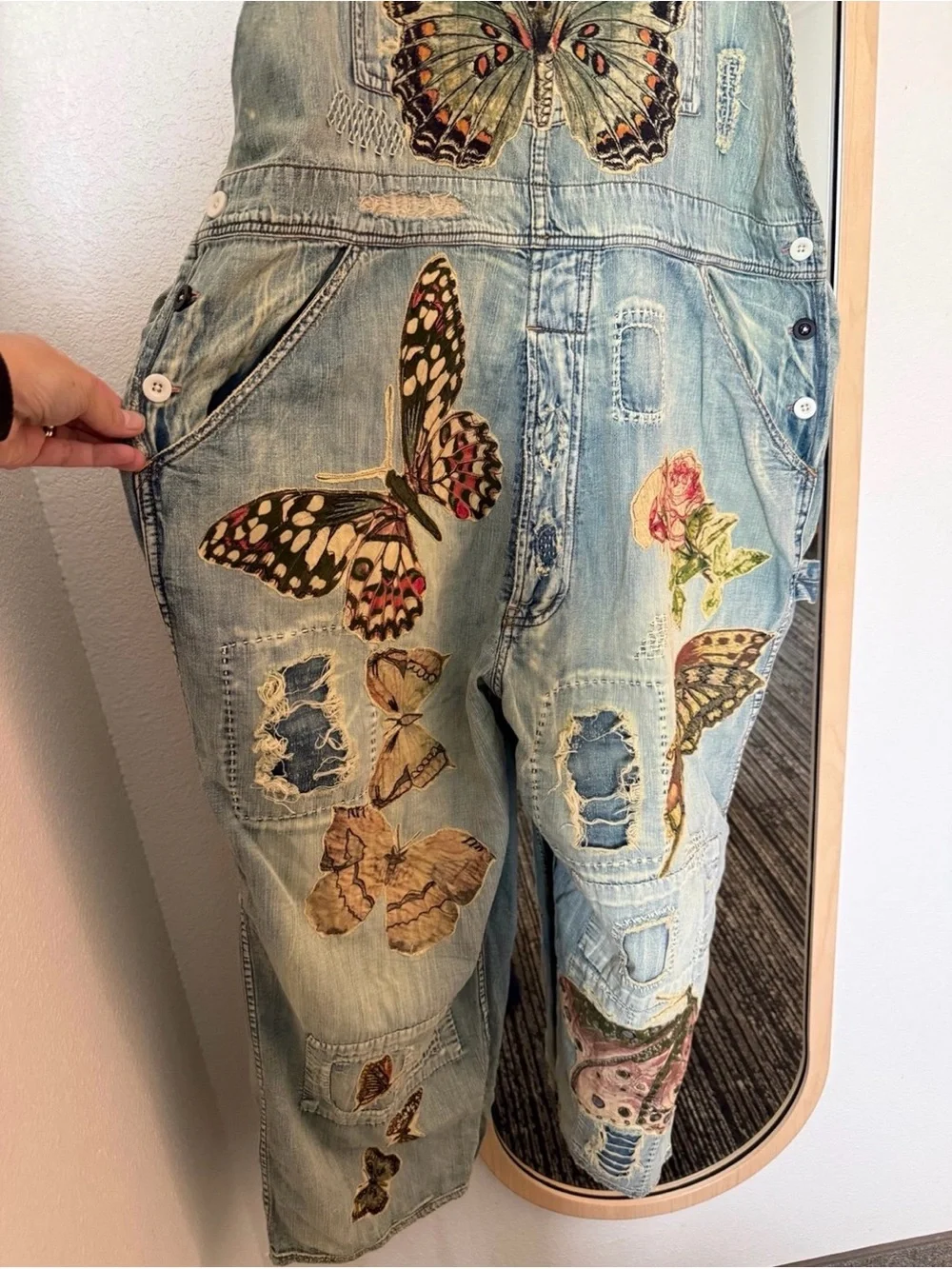 Magnolia Pearl Cotton Denim Appliqué Butterfly Overalls - Picture 2 of 14
